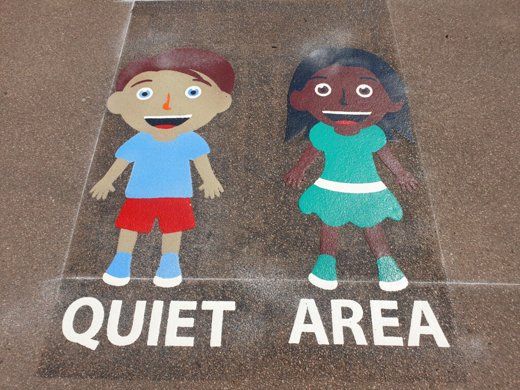 Calming sensory quiet-area markings in soft colours