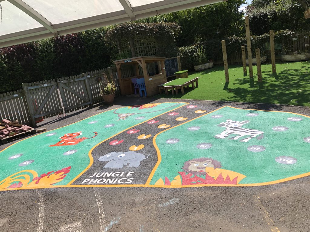 Jungle-themed playground markings with animals and winding trails