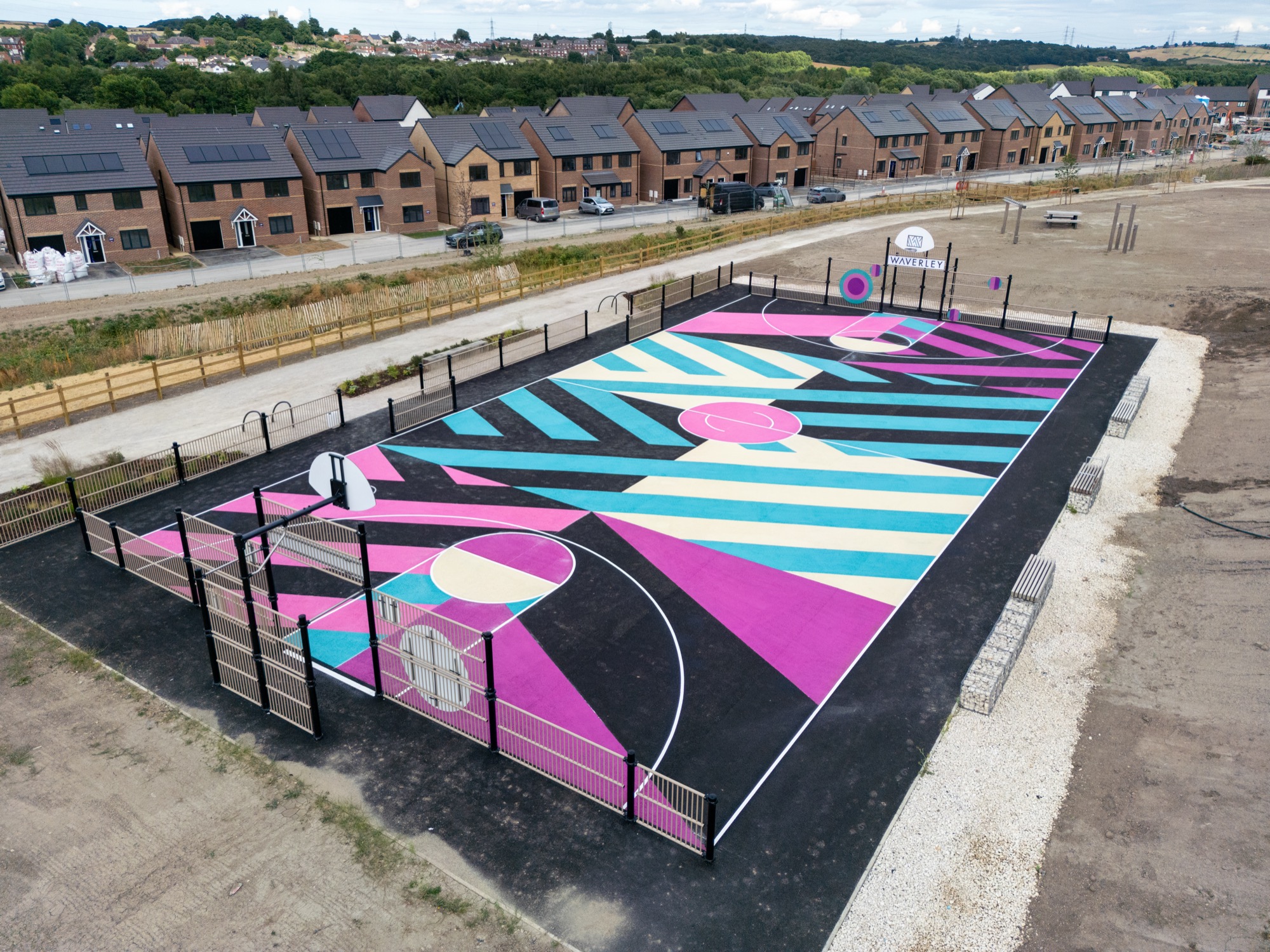 Aerial view of Uniplay's Waverley MUGA with bold thermoplastic court markings